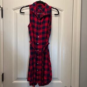 Gap Women’s Sleeveless Button Down Tie Waist Plaid Collared Dress Sz S‎ Red Blue